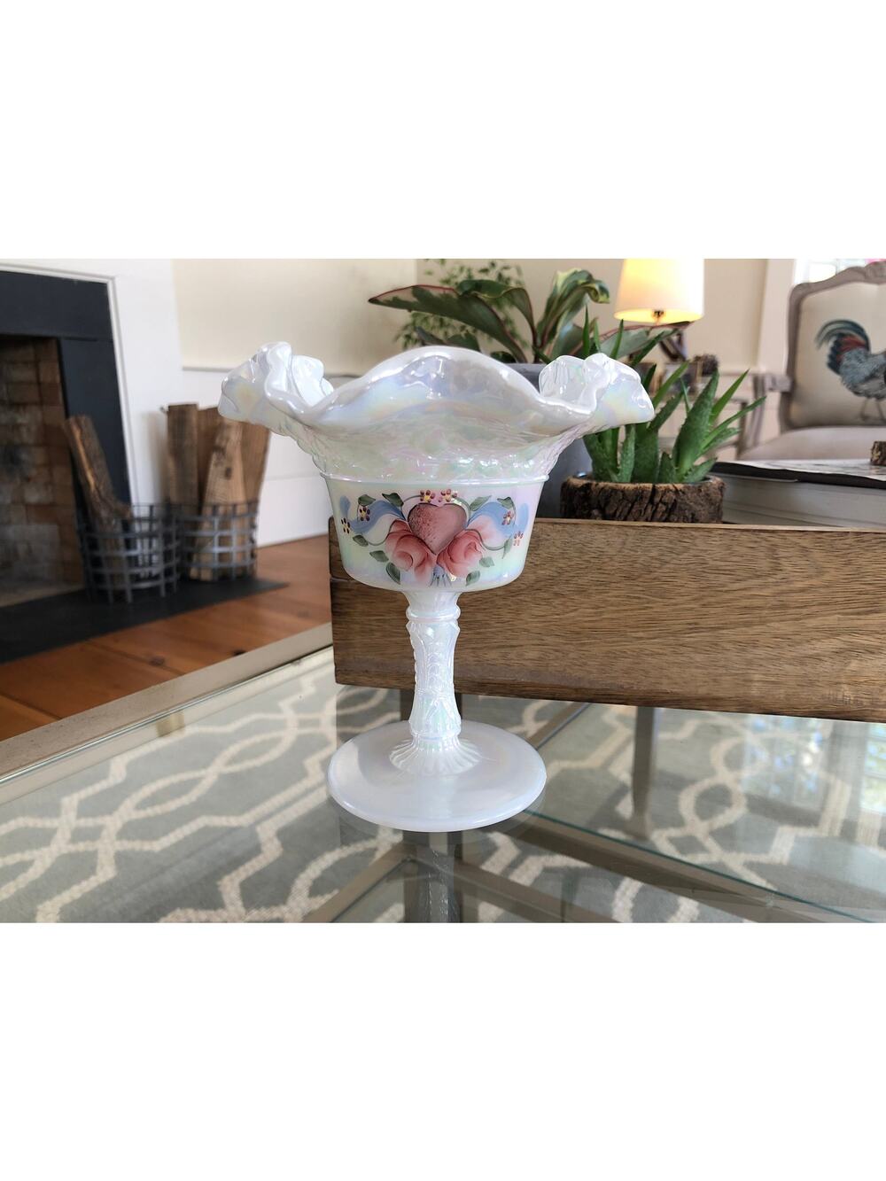 Vintage Fenton Hand Painted Ruffled Pedestal Dish
